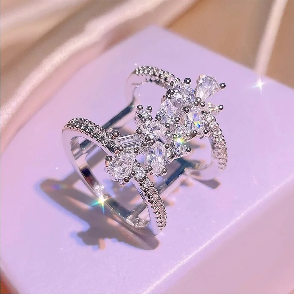 New 925 Silver Flower BlingBling Geometric Ladies Party Birthday Diamond Ring - Picture 4 of 5